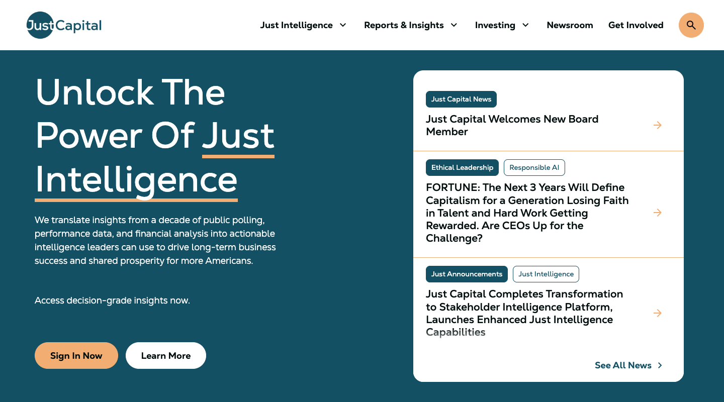 JUST Capital homepage implemented as a modular WordPress system